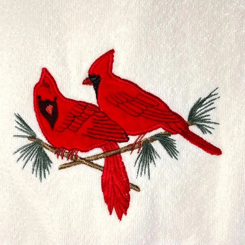 Santens Embroidered Cardinal Bath Towel Set of 2 USA Holiday Sparkle Snowflake